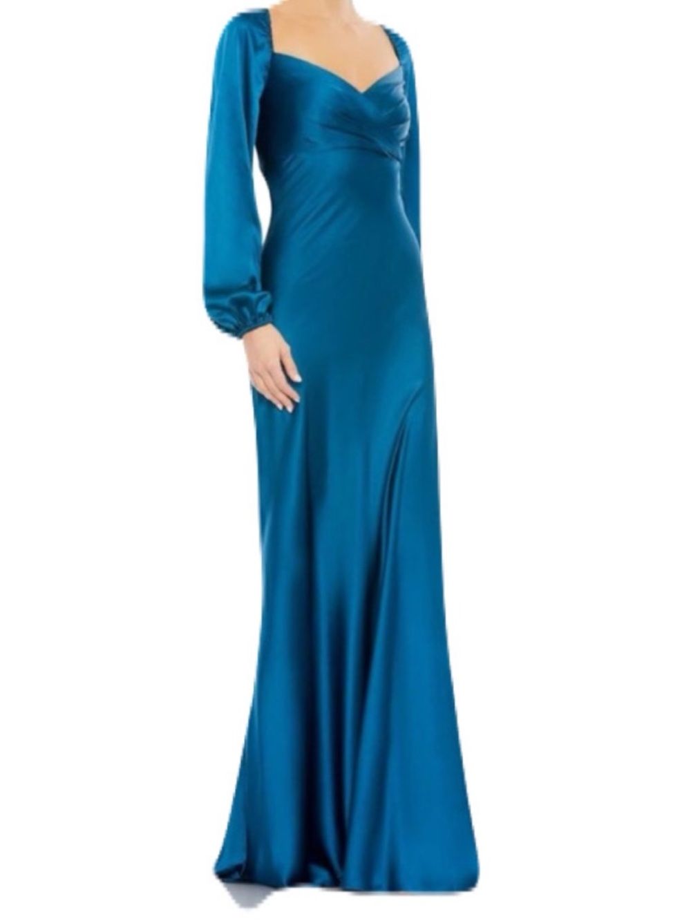 Mac Duggal Teal Satin Sweetheart Neck Maxi Gown